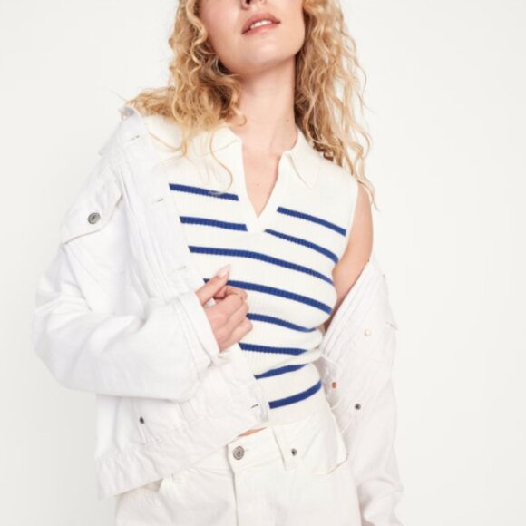 ⭐Rib-Knit Crop Polo Hipster Preppy Collared Sailor Ocean Vaca Classy Sweater Top - Picture 7 of 8